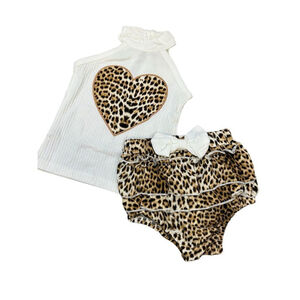 Shein Kids Baby Girls Leopard Print Heart Graphic Outfit Set 3-6M Multicolor